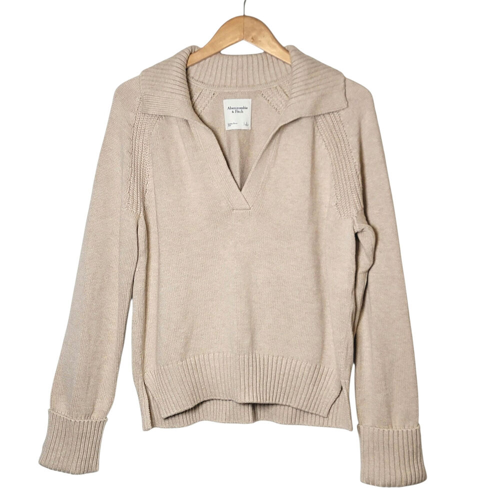 Abercrombie & Fitch Split V-Neck Knit Sweater Wide Collar Beige L NWT